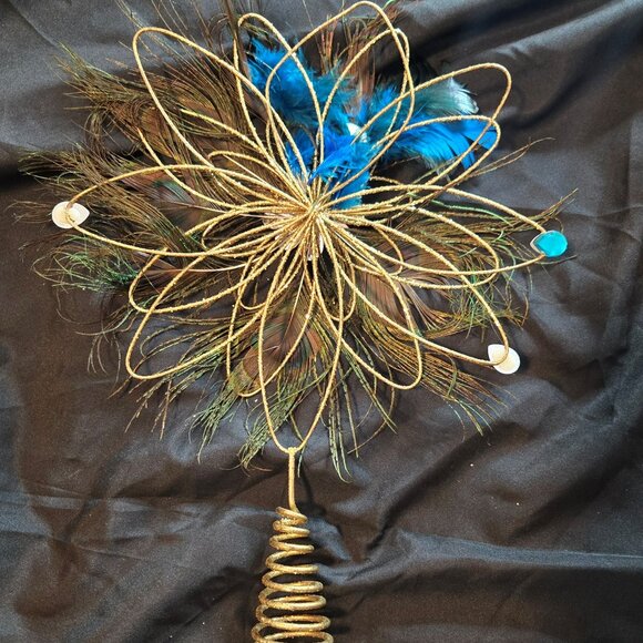 Art Deco Style PEACOCK Feathers Tree Topper w/ Gold & Glitter - Picture 3 of 5